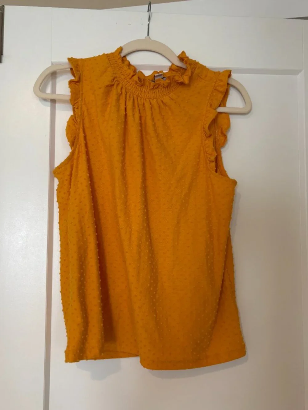 J.Crew Mustard Swiss Dot Ruffle Mock Neck Sleeveless Top Size Small